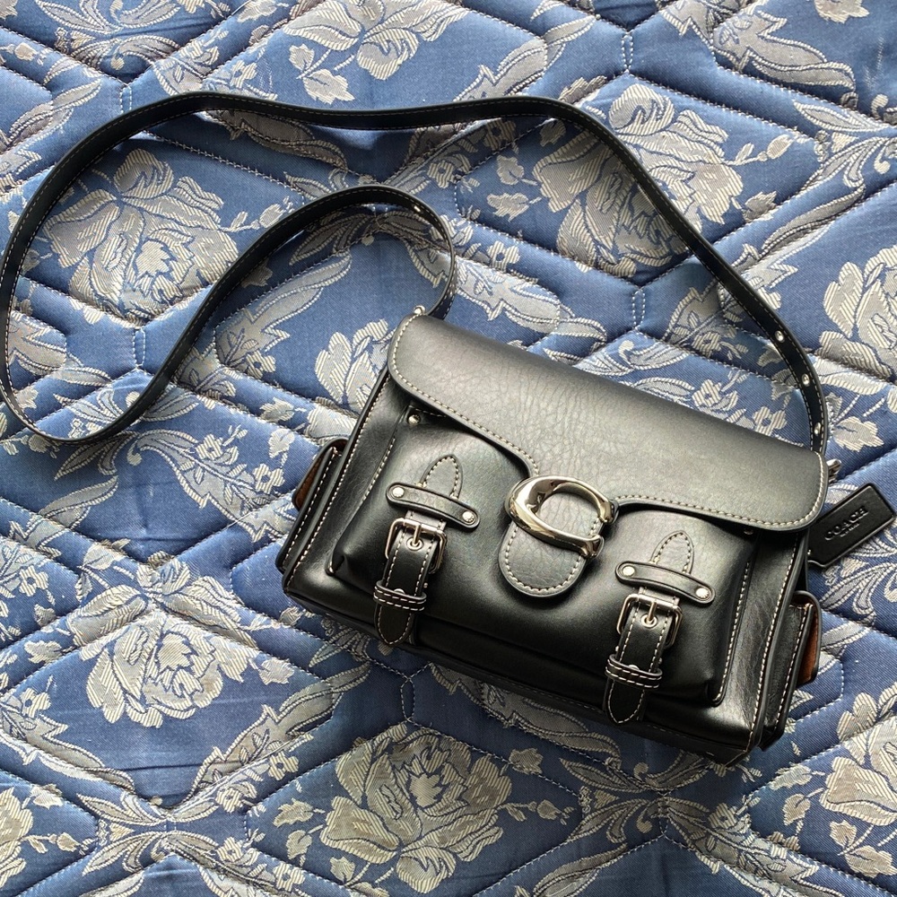 Women's Coach Black Grained Leather Biker-Style Flap Crossbody Bag
